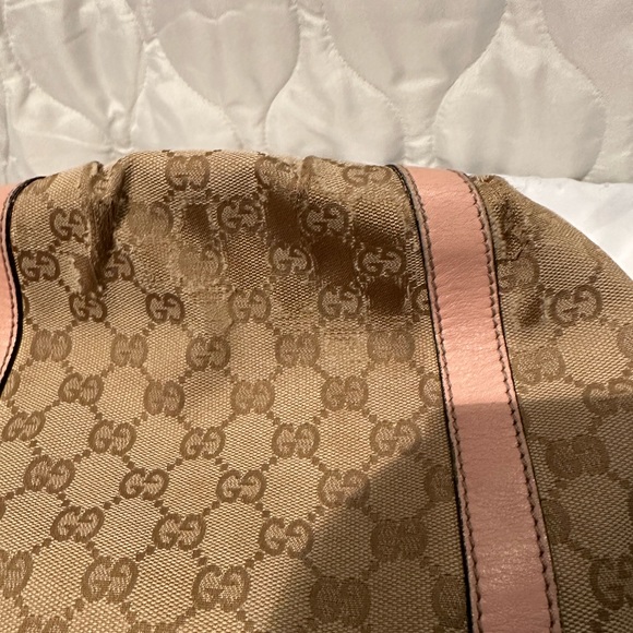 š„³HPš„³ Gucci GG pink bubble gum and tan canvas small leather trim tote bag - Picture 14 of 16